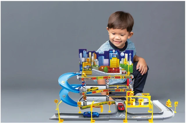 Alt view image 3 of 4 - Large Urban Parking Track Set with 4 Diecast Cars - Packed with Accessories