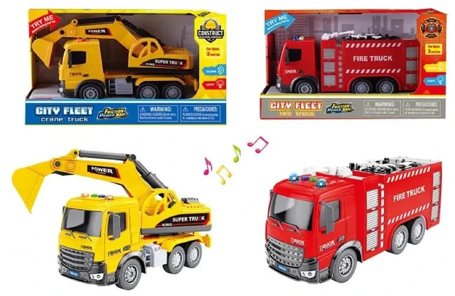 Main image of 2 Packs - Friction Rescue & Construction Trucks w/ Light & Sound - 11 Inches