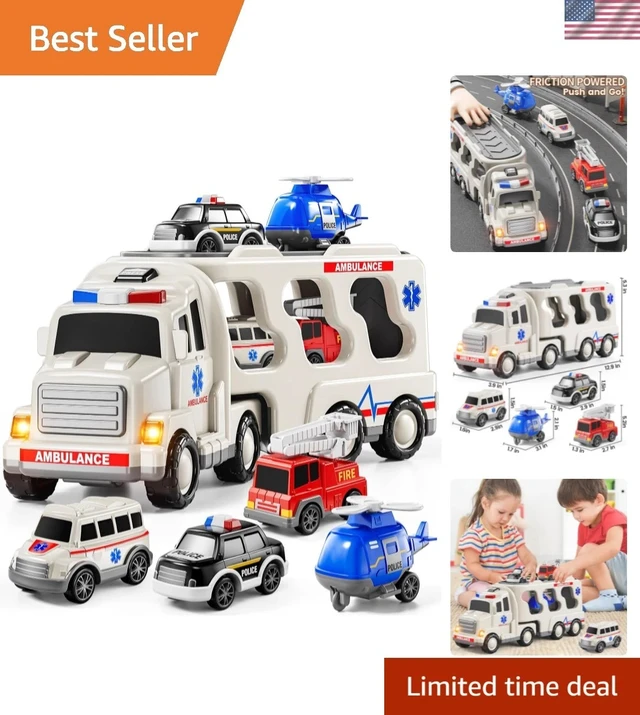 Alt view image 2 of 7 - 5-in-1 Friction Powered Ambulance Toy Set with Sound & Light - Perfect for Kids