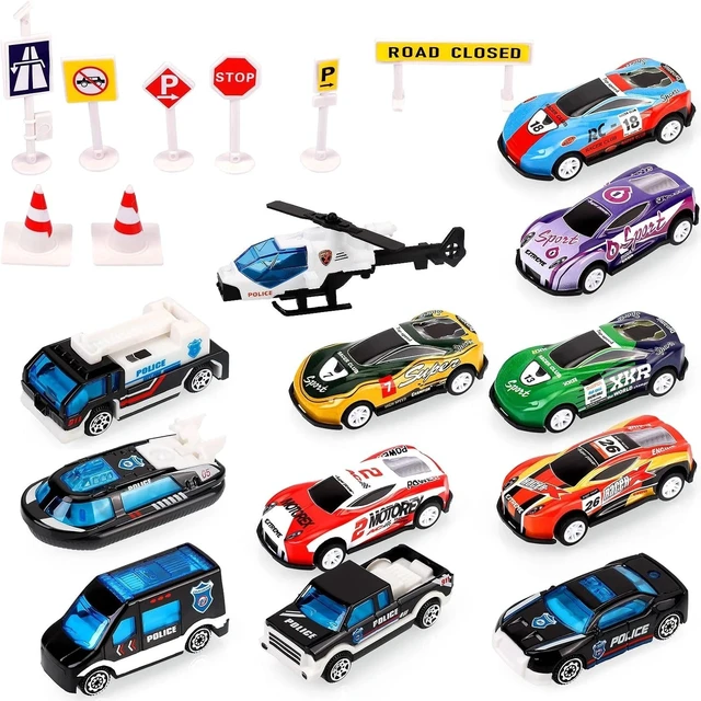 Alt view image 7 of 7 - Portable Transport Cars Carrier Truck Set with 12 Die-Cast Vehicles for Kids 3-7