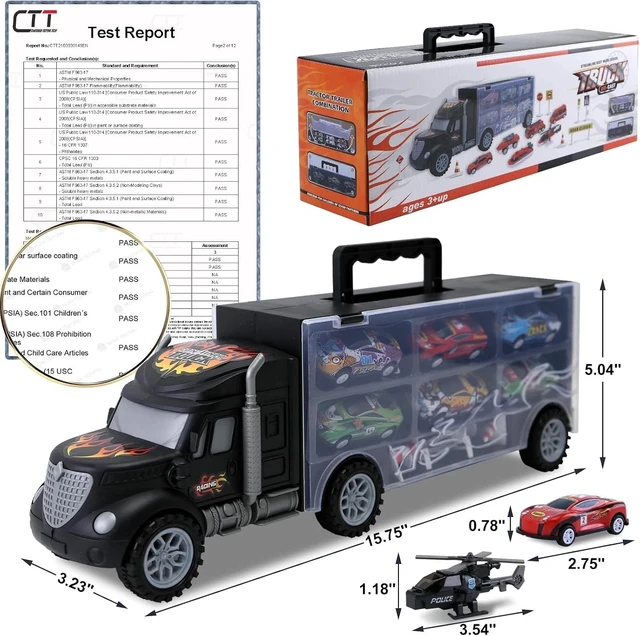 Alt view image 2 of 7 - Portable Transport Cars Carrier Truck Set with 12 Die-Cast Vehicles for Kids 3-7