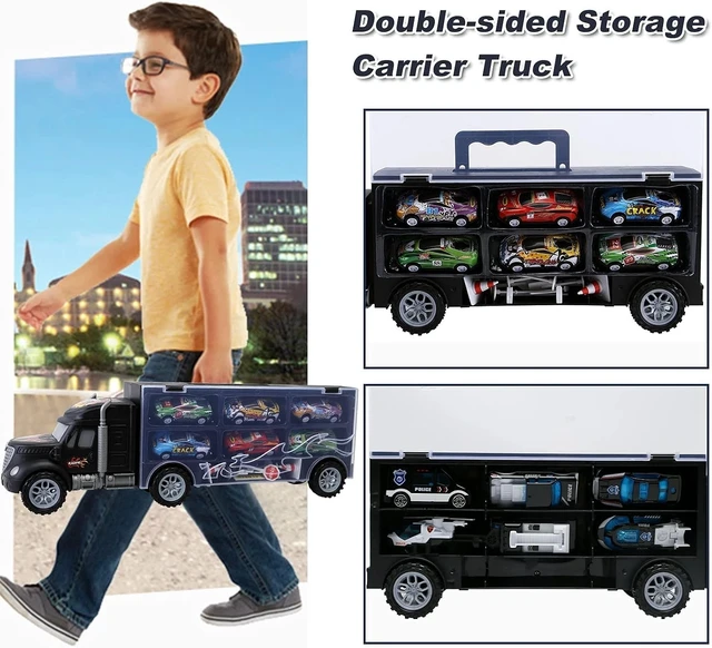 Alt view image 4 of 7 - Portable Transport Cars Carrier Truck Set with 12 Die-Cast Vehicles for Kids 3-7