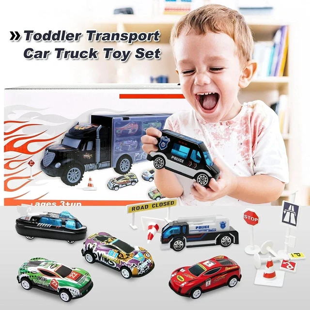 Alt view image 6 of 7 - Portable Transport Cars Carrier Truck Set with 12 Die-Cast Vehicles for Kids 3-7