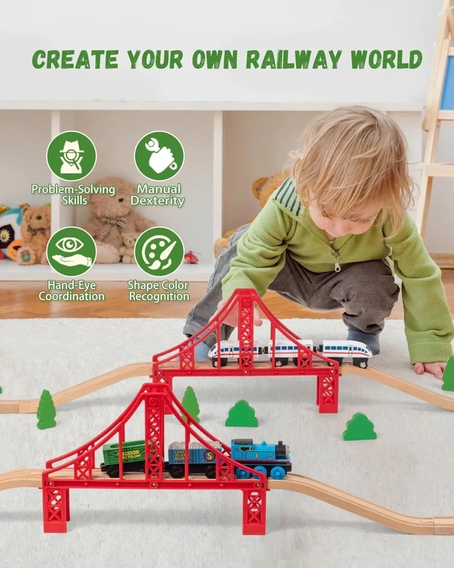 Alt view image 3 of 7 - Engaging Wooden Train Set with Double Suspension Bridge - Safe Fun for Toddlers
