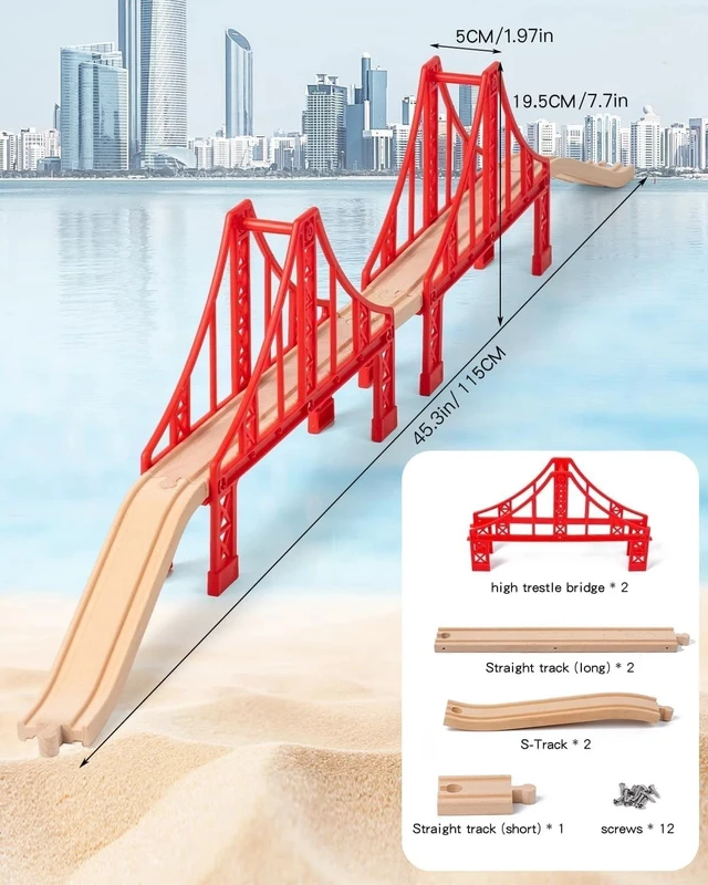 Alt view image 4 of 7 - Engaging Wooden Train Set with Double Suspension Bridge - Safe Fun for Toddlers