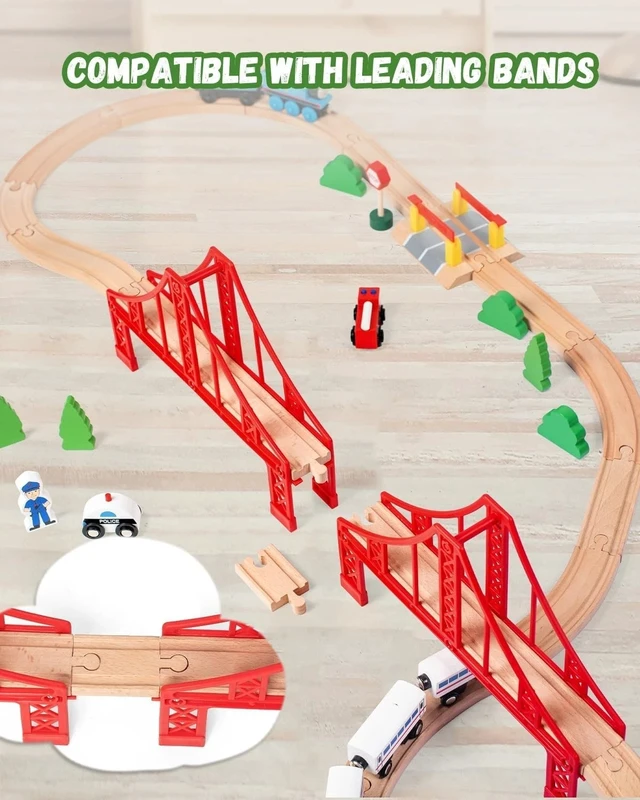 Alt view image 6 of 7 - Engaging Wooden Train Set with Double Suspension Bridge - Safe Fun for Toddlers