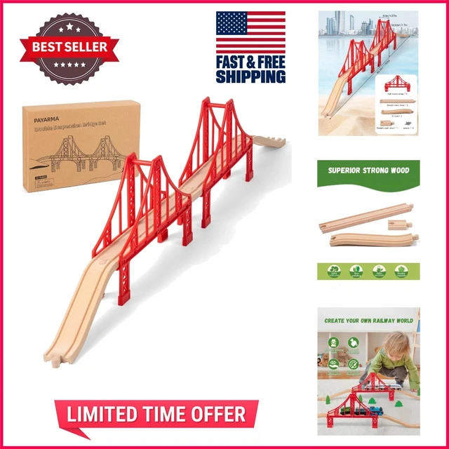 Alt view image 7 of 7 - Engaging Wooden Train Set with Double Suspension Bridge - Safe Fun for Toddlers