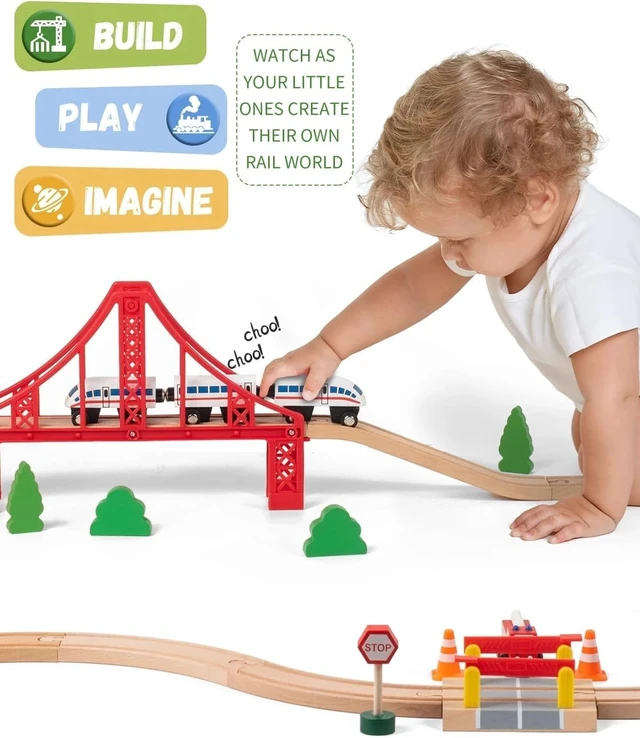 Alt view image 2 of 7 - Engaging Wooden Train Set with Double Suspension Bridge - Safe Fun for Toddlers