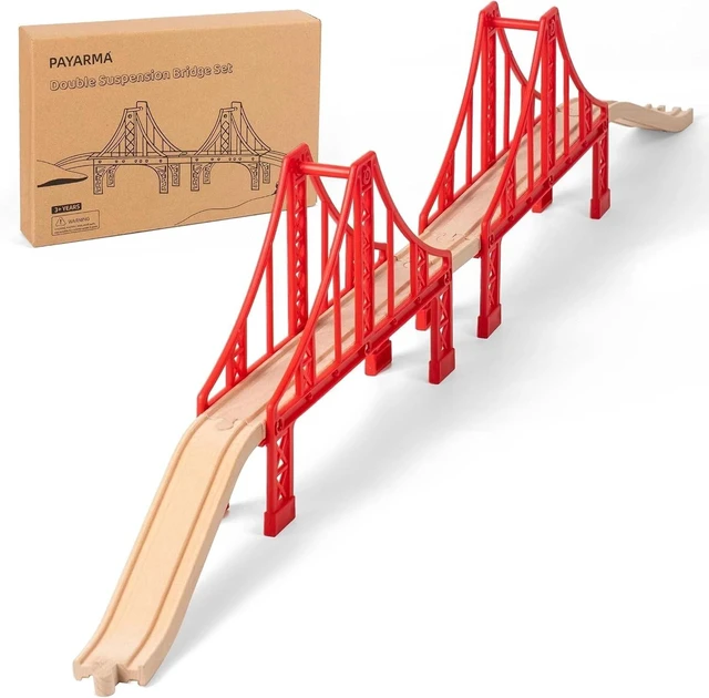 Main image of Engaging Wooden Train Set with Double Suspension Bridge - Safe Fun for Toddlers