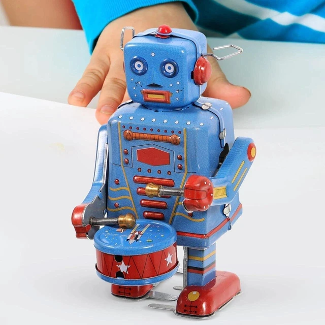 Alt view image 3 of 7 - Interactive 3.74-Inch Blue Clockwork Drumming Robot Toy - Perfect for Home Decor