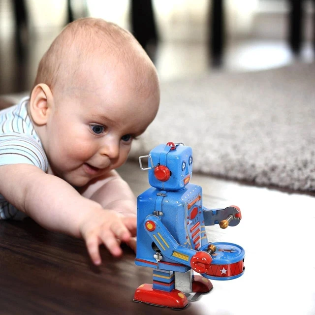 Alt view image 7 of 7 - Interactive 3.74-Inch Blue Clockwork Drumming Robot Toy - Perfect for Home Decor