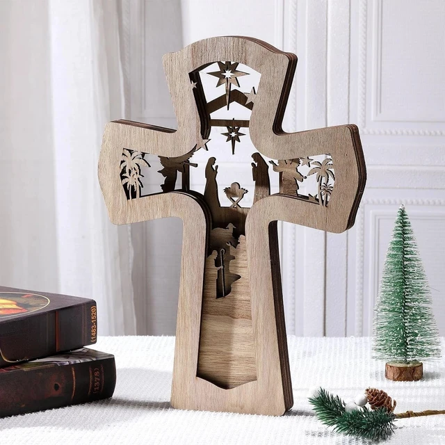 Alt view image 5 of 7 - Stunning LED Light Nativity Scene Cross Ornament - Ideal for Christmas Decor
