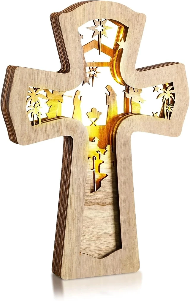 Alt view image 7 of 7 - Stunning LED Light Nativity Scene Cross Ornament - Ideal for Christmas Decor