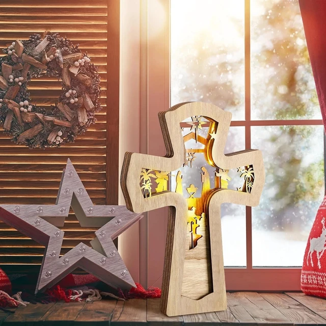 Alt view image 3 of 7 - Stunning LED Light Nativity Scene Cross Ornament - Ideal for Christmas Decor