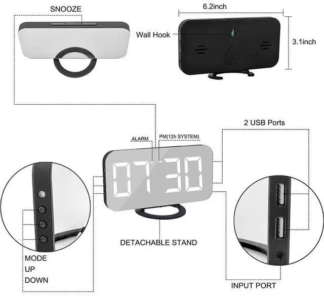 Alt view image 4 of 7 - Digital Mirror Alarm Clock Large LED Display USB Charger Ports For Home Black