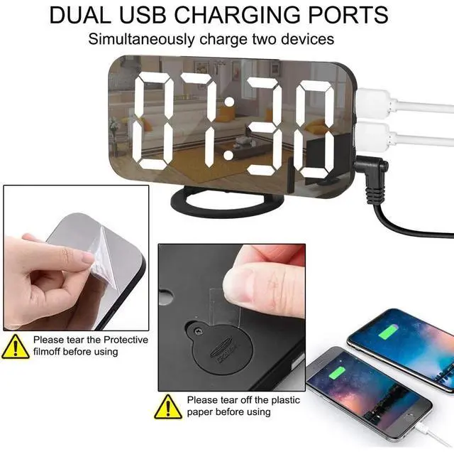 Alt view image 6 of 7 - Digital Mirror Alarm Clock Large LED Display USB Charger Ports For Home Black