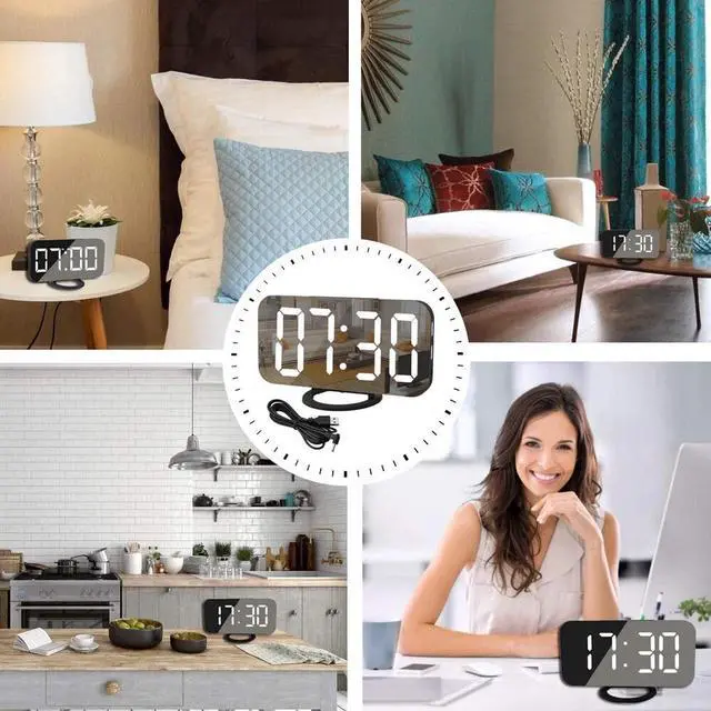 Alt view image 7 of 7 - Digital Mirror Alarm Clock Large LED Display USB Charger Ports For Home Black