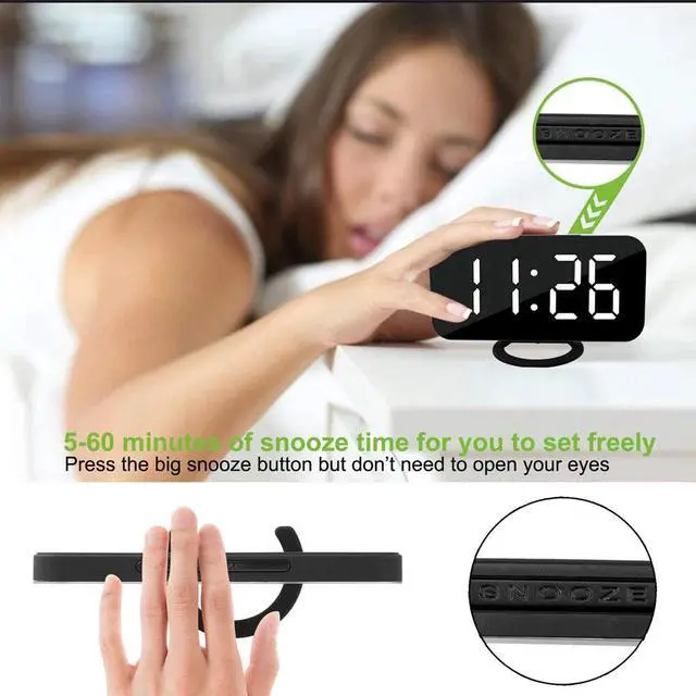 Alt view image 3 of 7 - Digital Mirror Alarm Clock Large LED Display USB Charger Ports For Home Black