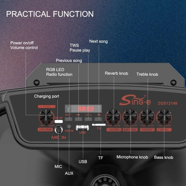 Alt view image 7 of 7 - Portable Bluetooth 12 Inch Speaker Subwoofer RGB LED Light Wireless & Wired Micr