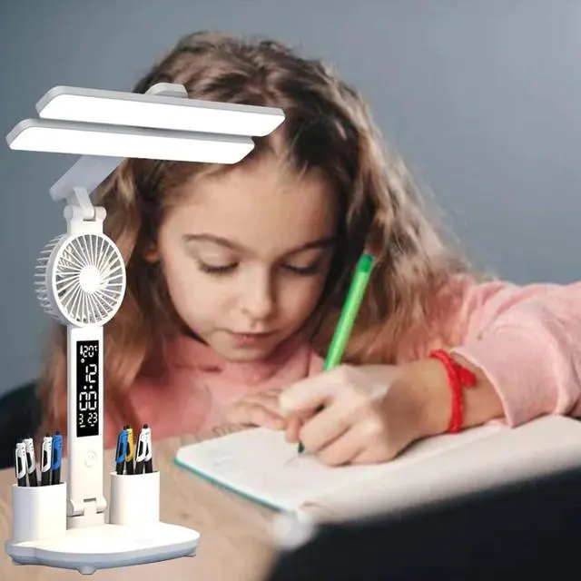 Alt view image 3 of 7 - LED Desk Lamp USB Dimmable Touch with Calendar Clock Mini Fan Table Night Light