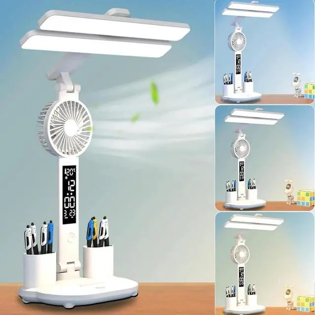 Alt view image 2 of 7 - LED Desk Lamp USB Dimmable Touch with Calendar Clock Mini Fan Table Night Light