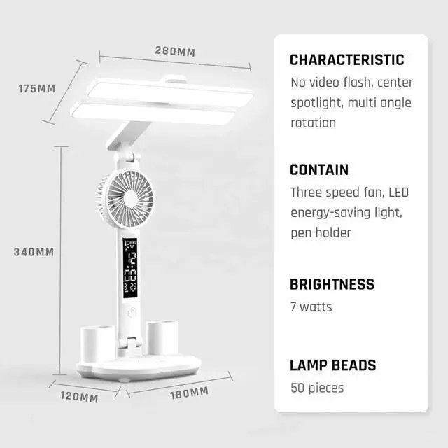 Alt view image 7 of 7 - LED Desk Lamp USB Dimmable Touch with Calendar Clock Mini Fan Table Night Light