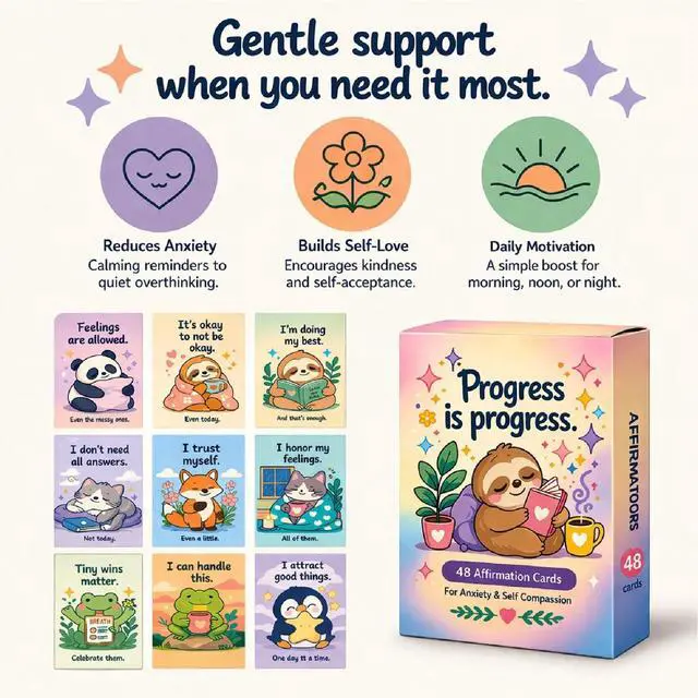 Alt view image 7 of 7 - Progress is Progress Affirmation Cards For Kids Anxiety & Self Compassion