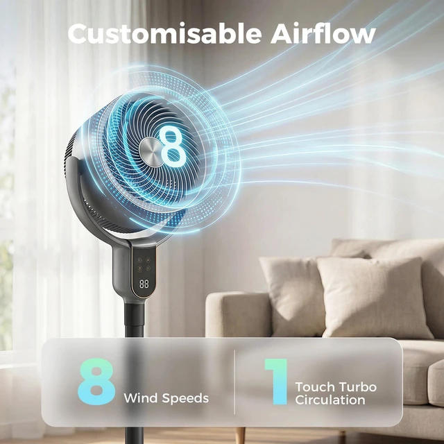 Alt view image 5 of 7 - 20dB Standing Fan, 70°+90° Auto Oscillating Fan with 8 Speeds