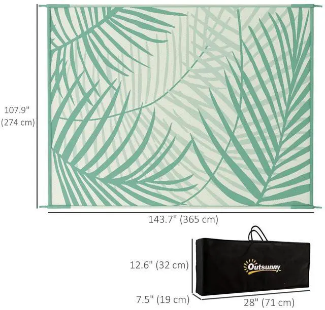 Alt view image 2 of 7 - Reversible Outdoor Rug with Carry Bag, 9' x 12' Waterproof Floor Mat, Green