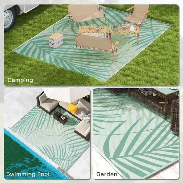 Alt view image 4 of 7 - Reversible Outdoor Rug with Carry Bag, 9' x 12' Waterproof Floor Mat, Green