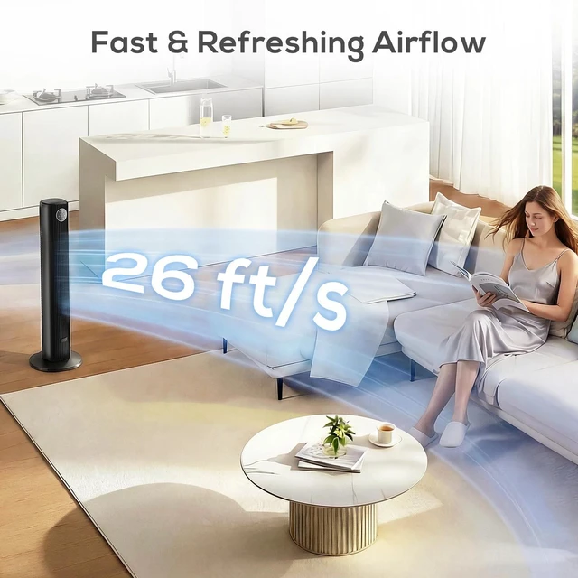 Alt view image 7 of 7 - 28dB Tower Fan for Bedroom, 26 ft/s Velocity Standing Fan, Black