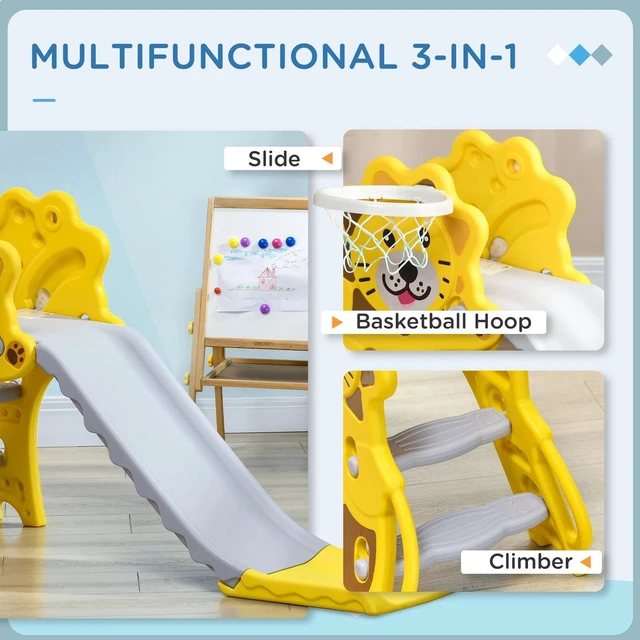 Alt view image 3 of 7 - 3 in 1 Toddler Slide for Indoor with Basketball Hoop Yellow