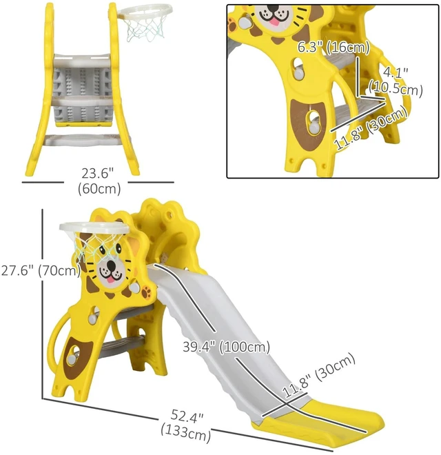 Alt view image 2 of 7 - 3 in 1 Toddler Slide for Indoor with Basketball Hoop Yellow