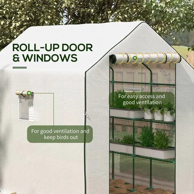 Alt view image 3 of 7 - Outsunny Portable Greenhouse Walk-In Green House with Roll Up Door, White