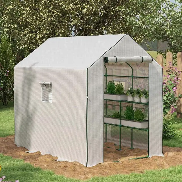 Main image of Outsunny Portable Greenhouse Walk-In Green House with Roll Up Door, White