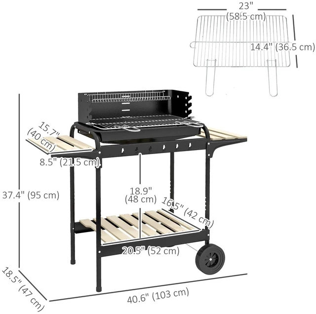 Alt view image 2 of 7 - Charcoal Barbecue Grill with Adjustable Grill Height, BBQ Trolley, Black