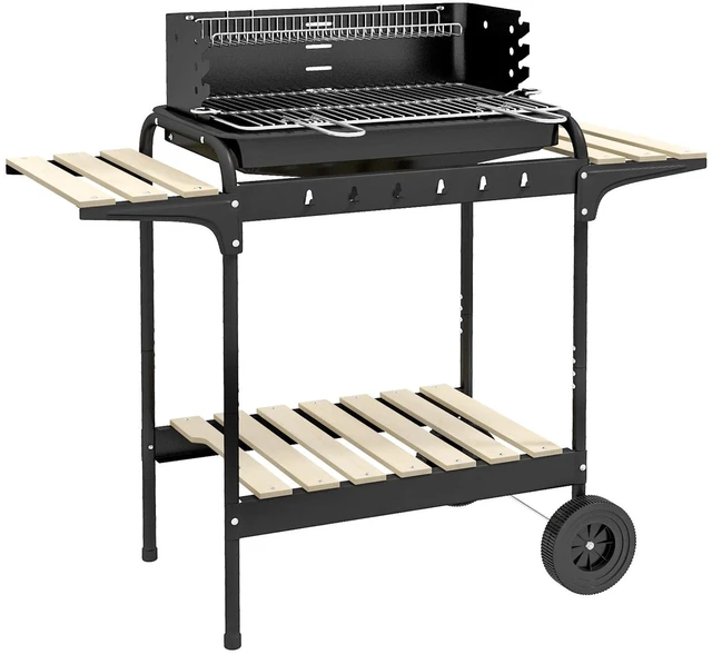 Alt view image 7 of 7 - Charcoal Barbecue Grill with Adjustable Grill Height, BBQ Trolley, Black