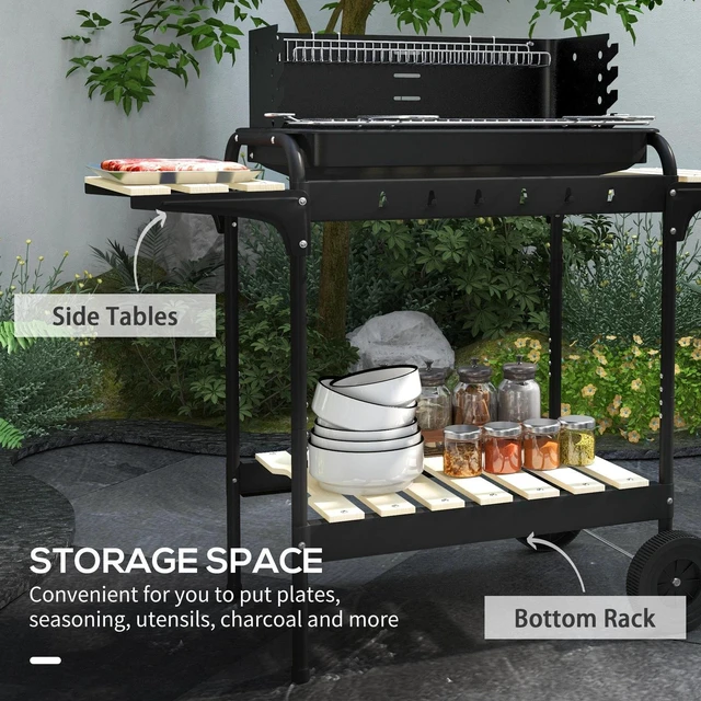 Alt view image 3 of 7 - Charcoal Barbecue Grill with Adjustable Grill Height, BBQ Trolley, Black