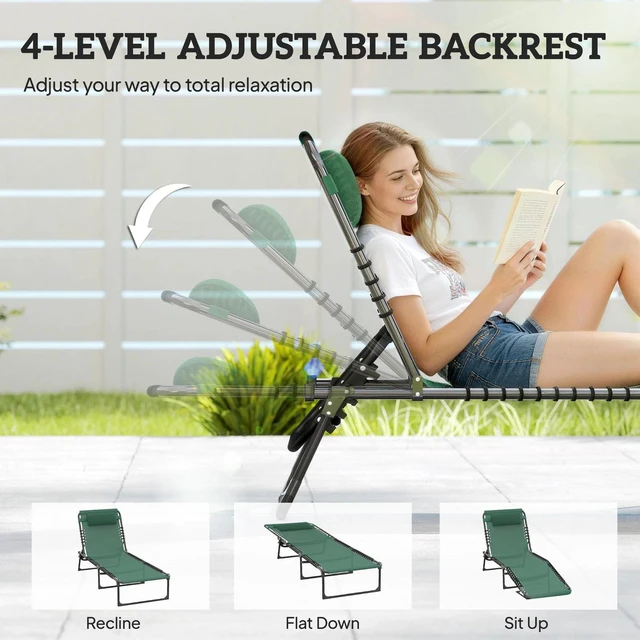 Alt view image 7 of 7 - Outsunny Folding Lounge Chair, Chaise Lounge with Headrest, Green