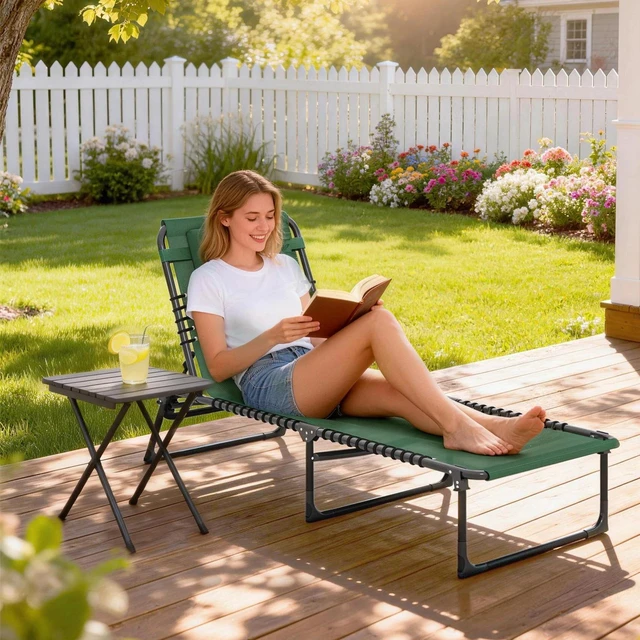 Alt view image 2 of 7 - Outsunny Folding Lounge Chair, Chaise Lounge with Headrest, Green
