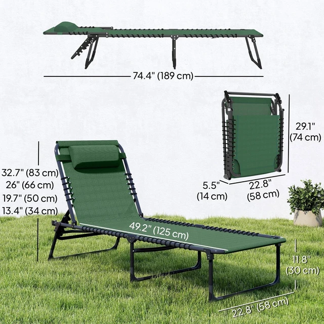 Alt view image 3 of 7 - Outsunny Folding Lounge Chair, Chaise Lounge with Headrest, Green