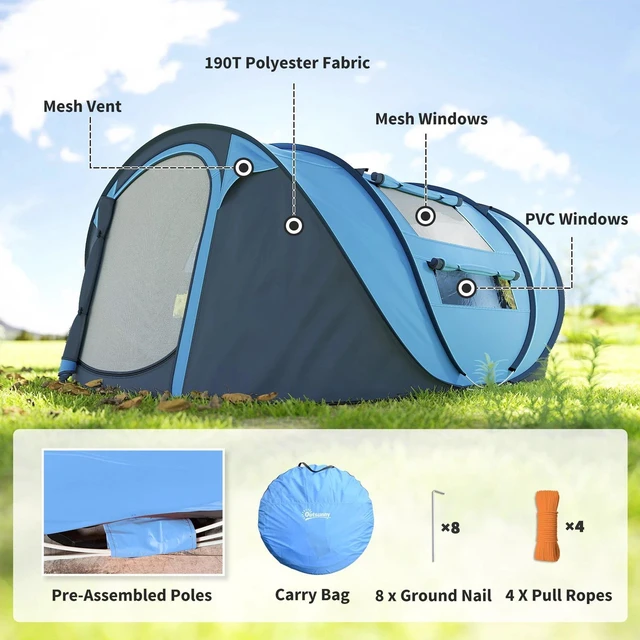 Alt view image 4 of 7 - 4 Person Camping Tent Automatic Pop Up Tent with Carry Bag Doors
