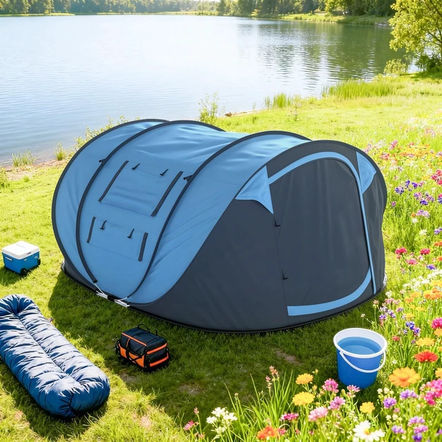 Alt view image 7 of 7 - 4 Person Camping Tent Automatic Pop Up Tent with Carry Bag Doors