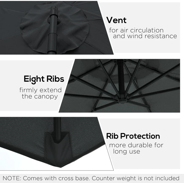 Alt view image 5 of 7 - 9.7ft Offset Patio Umbrella, Hanging Cantilever Parasol w/ Crank, Base, Black