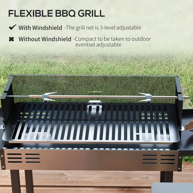 Alt view image 5 of 7 - BBQ Rotisserie Grill Roaster w/ 3-Level Grill Grate & Foldable Storage Shelves