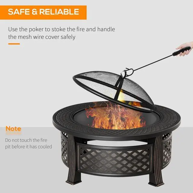 Alt view image 5 of 7 - Outdoor Fire Pit, Firepit with Grill Net, Mesh Lid, Poker for Camping, Bronze
