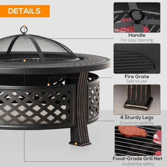 Alt view image 3 of 7 - Outdoor Fire Pit, Firepit with Grill Net, Mesh Lid, Poker for Camping, Bronze