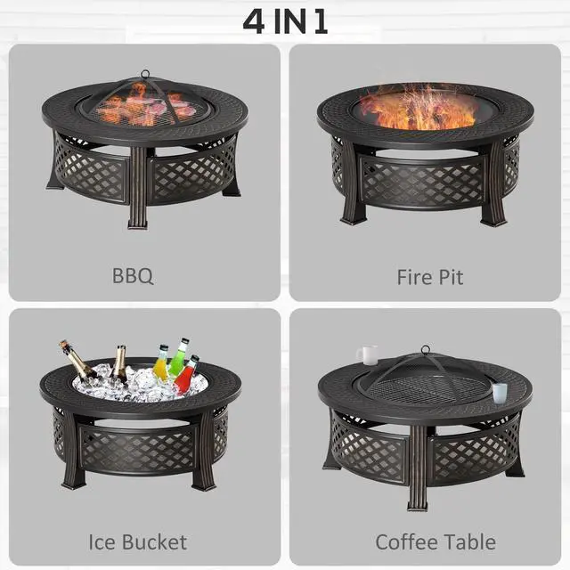 Alt view image 4 of 7 - Outdoor Fire Pit, Firepit with Grill Net, Mesh Lid, Poker for Camping, Bronze
