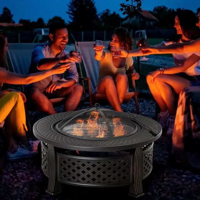 Main image of Outdoor Fire Pit, Firepit with Grill Net, Mesh Lid, Poker for Camping, Bronze