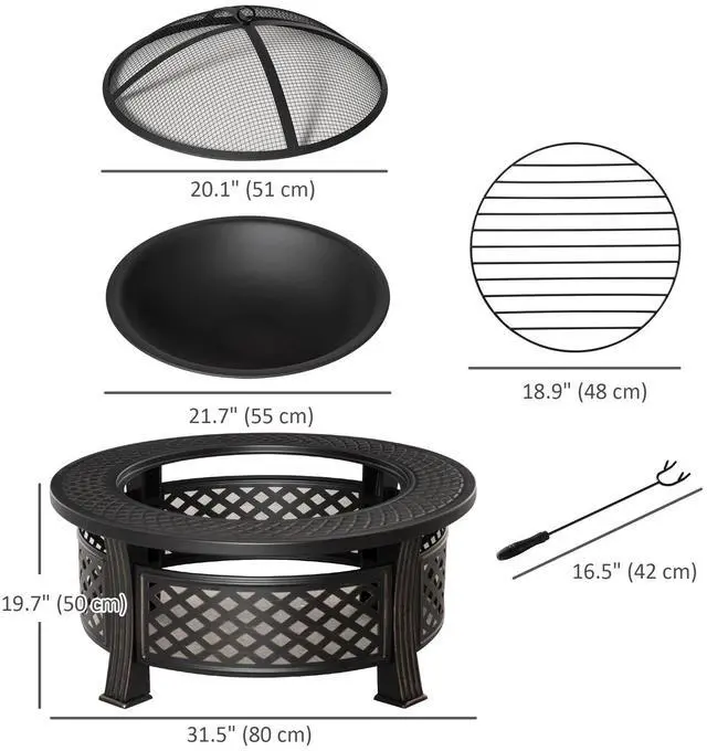 Alt view image 7 of 7 - Outdoor Fire Pit, Firepit with Grill Net, Mesh Lid, Poker for Camping, Bronze